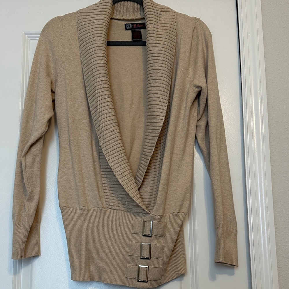 Beige Shawl Collar Women's Sweater Cardigan with Buckle Detail